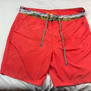 Robert Graham Swim Shorts Mens 40 Coral Pink Drawstring Abstract Lined Trunks